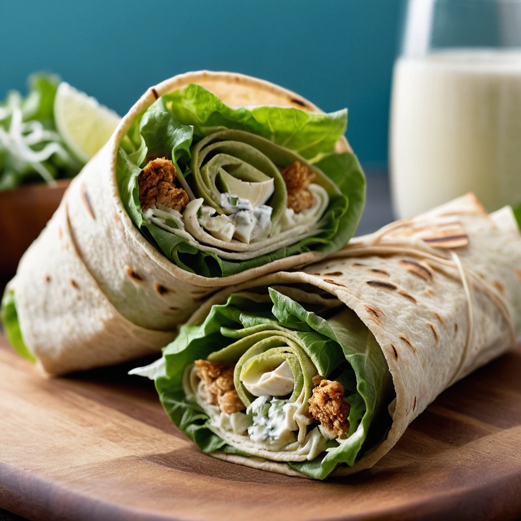 Warm tortillas wrapped around crispy chicken and romaine lettuce with Caesar dressing and Parmesan.