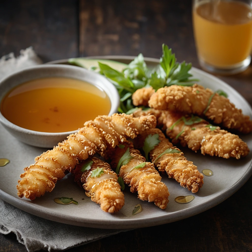 Platter of golden-brown crispy chicken tenders with a drizzle of amber hot honey sauce.
