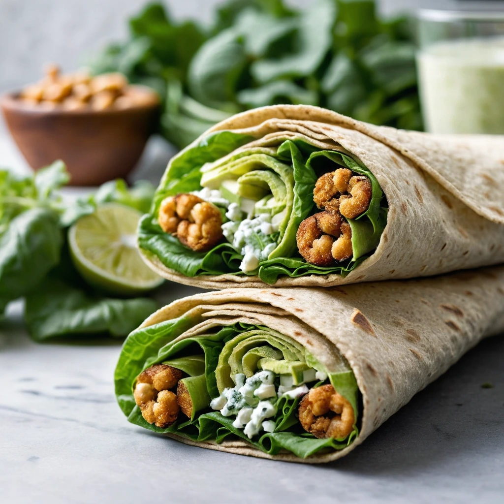 Warm tortillas filled with crispy chickpeas, romaine lettuce, and creamy Caesar dressing, sprinkled with Parmesan.