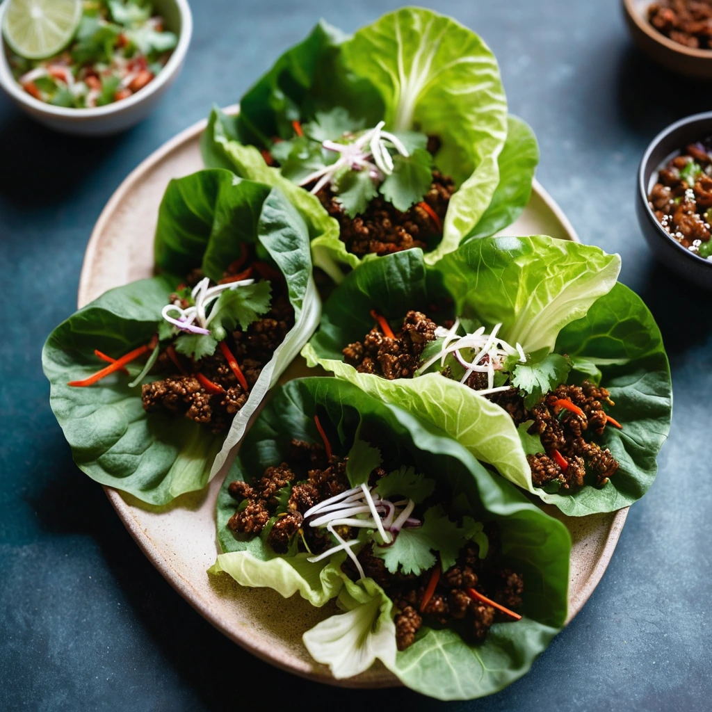 Crispy beef filling in green lettuce cups with vibrant red chili flecks