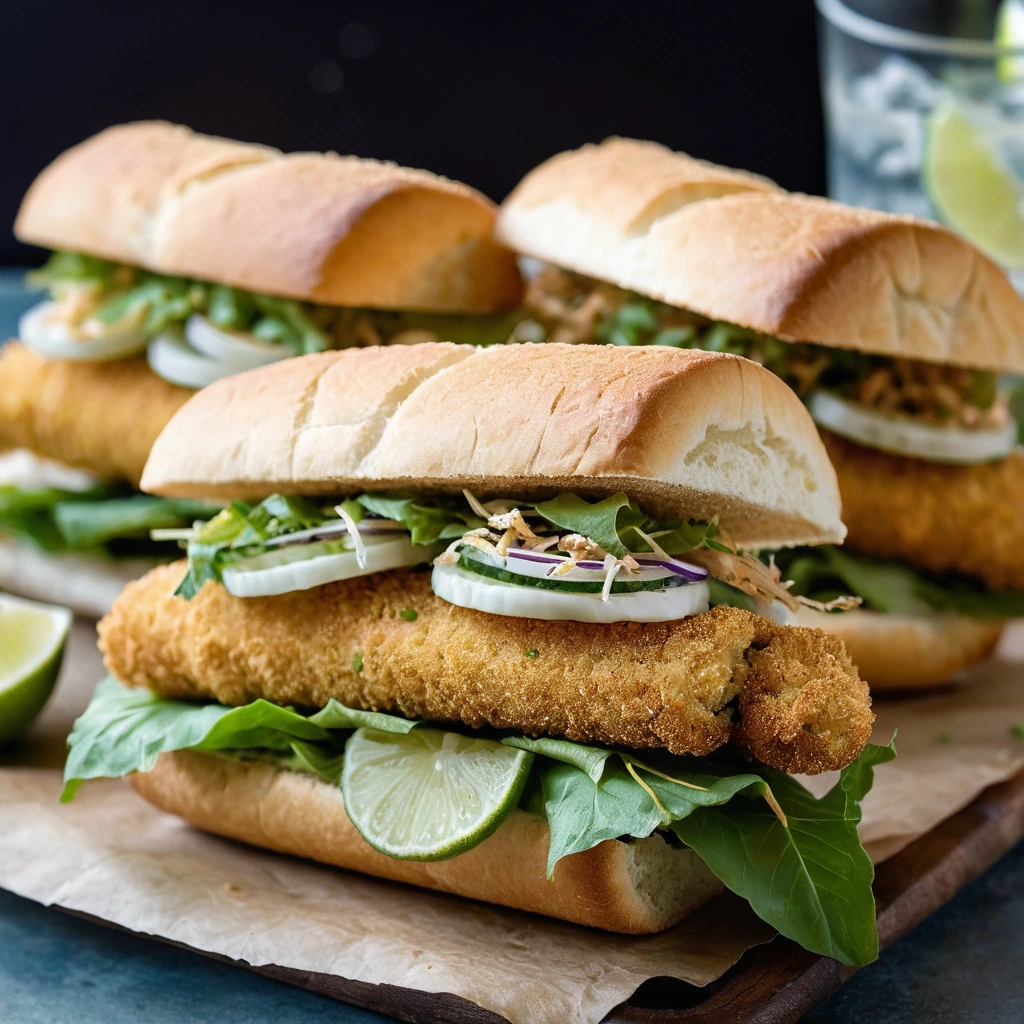 Golden brown fish fillets in a toasted bun with lettuce, pickles, and mayo on a rustic plate