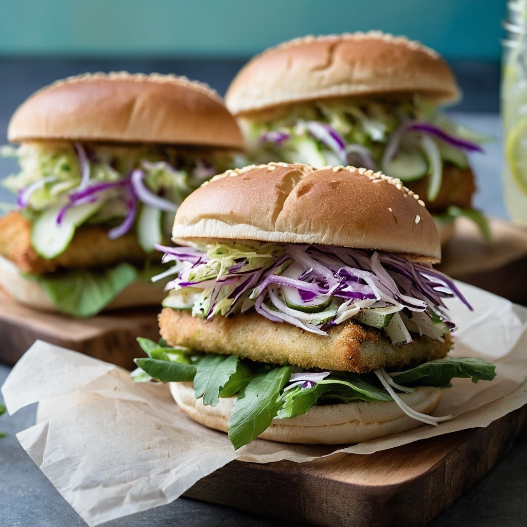 Golden brown fish fillet in a toasted bun with vibrant green and purple slaw spilling out the sides.
