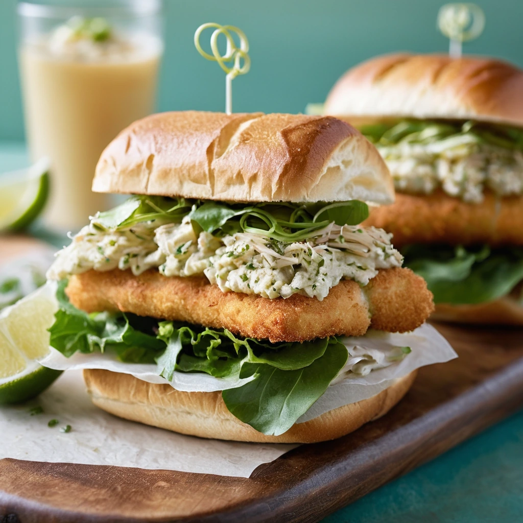 Golden fish fillets in toasted buns with a vibrant green and orange spicy remoulade drizzle.
