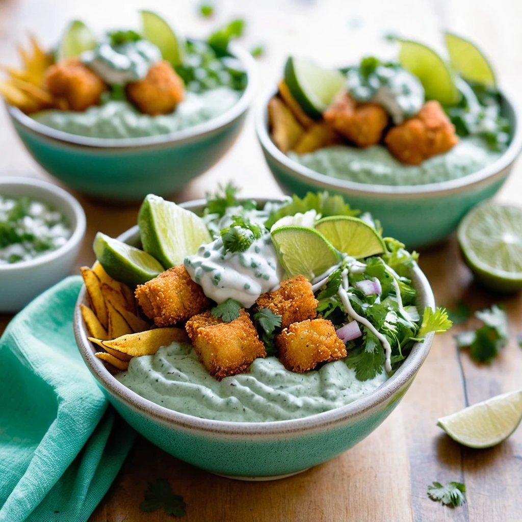 Colorful taco bowl with golden crispy fish chunks, fresh veggies, and creamy green sauce drizzled on top.