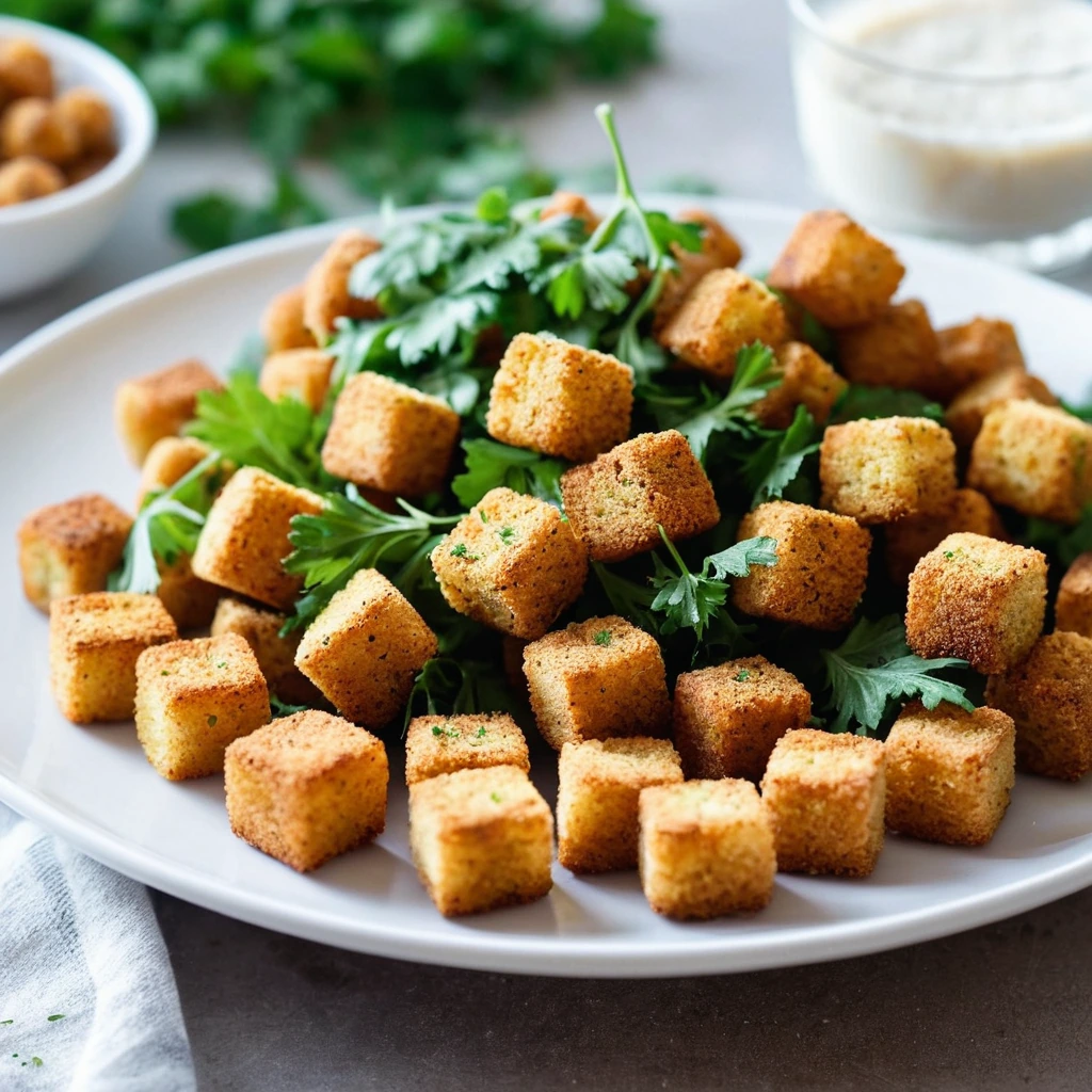 Golden-brown chickpea croutons sprinkled with fresh parsley on a white plate.