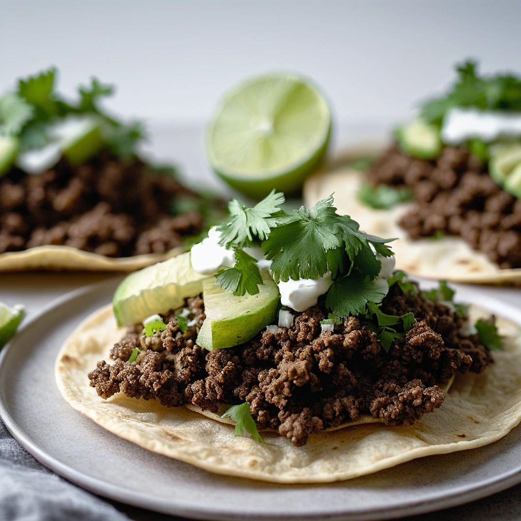 Stacked tostadas with golden tortillas, topped with browned ground beef, diced potatoes, and green cilantro.