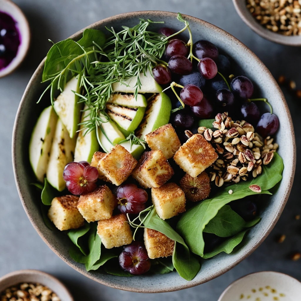 Vibrant grain bowl with golden halloumi cubes, plump roasted grapes, and a drizzle of green vinaigrette.