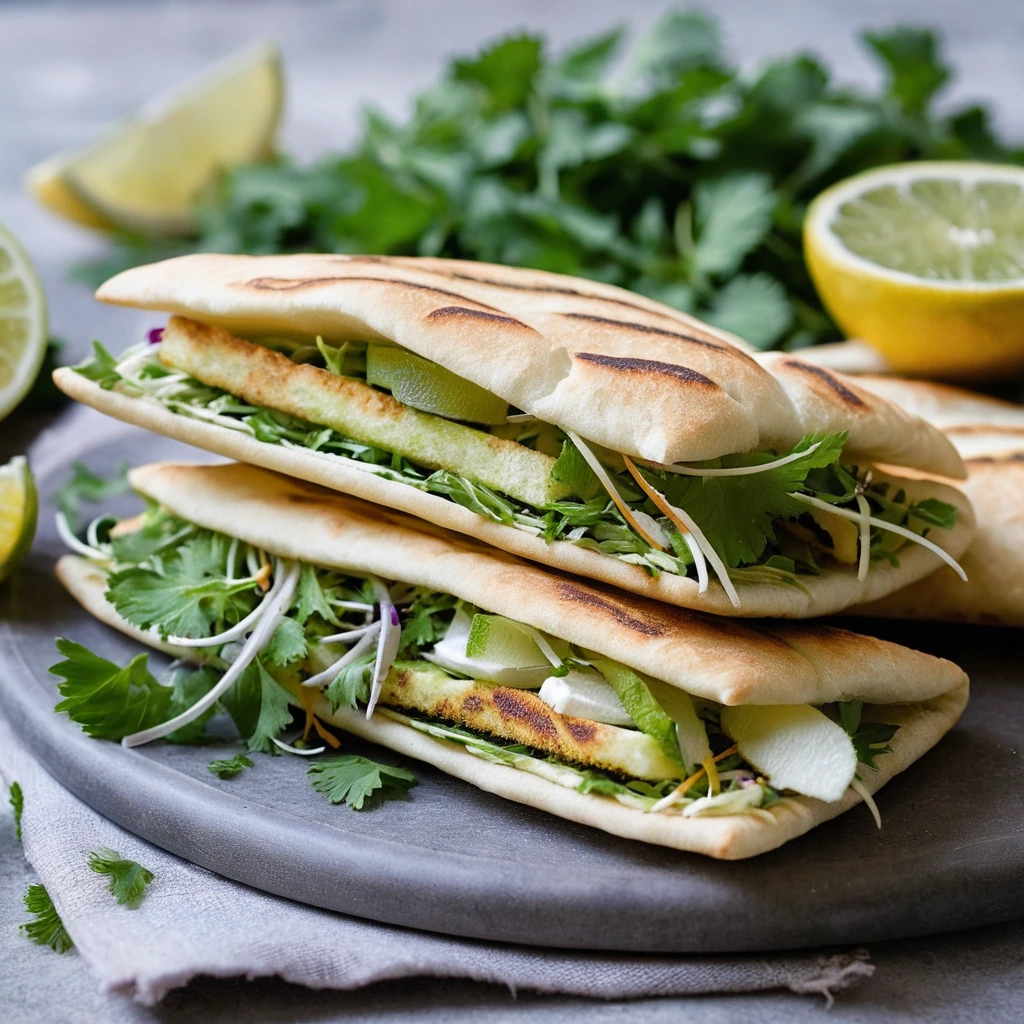 Warm pitas stuffed with golden crispy halloumi and a vibrant green and purple lemon slaw.