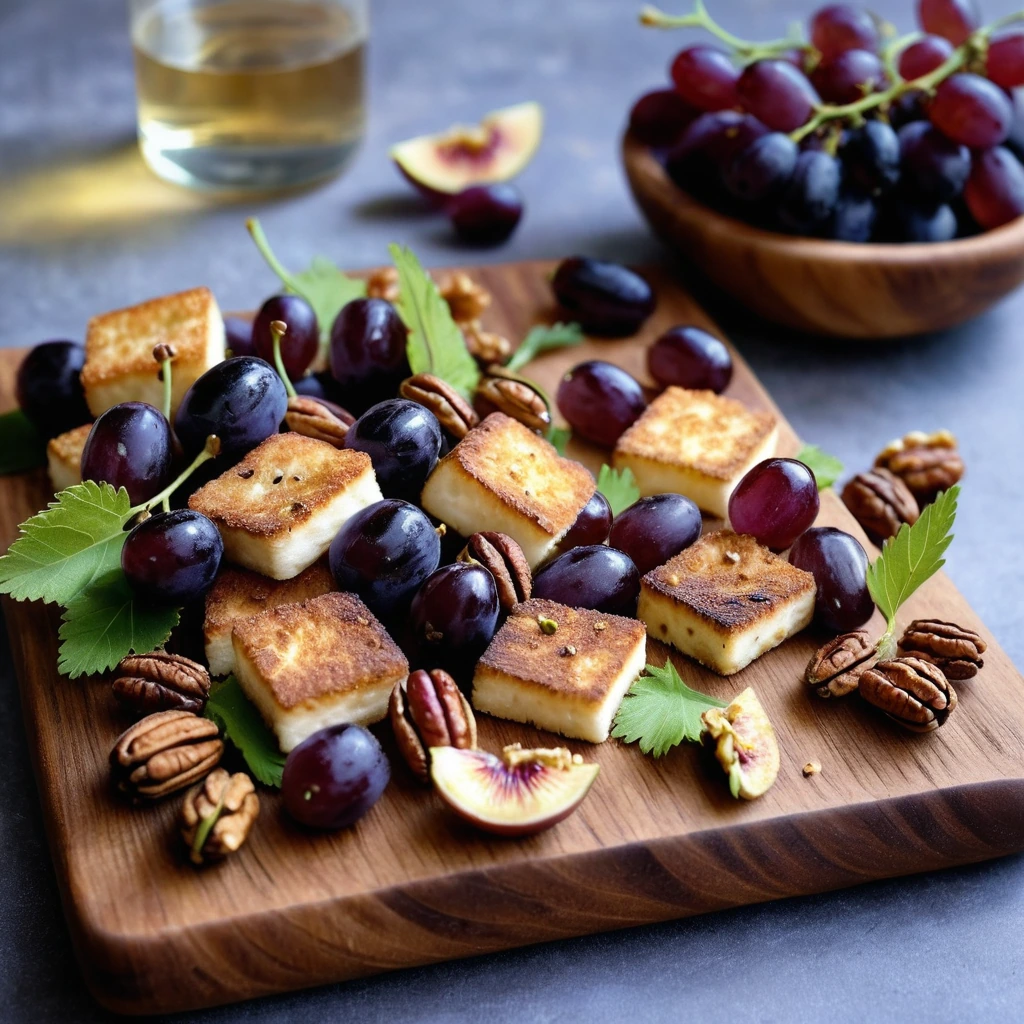 Platter of crispy golden halloumi cubes surrounded by roasted purple grapes and toasted walnuts on a rustic wooden board.
