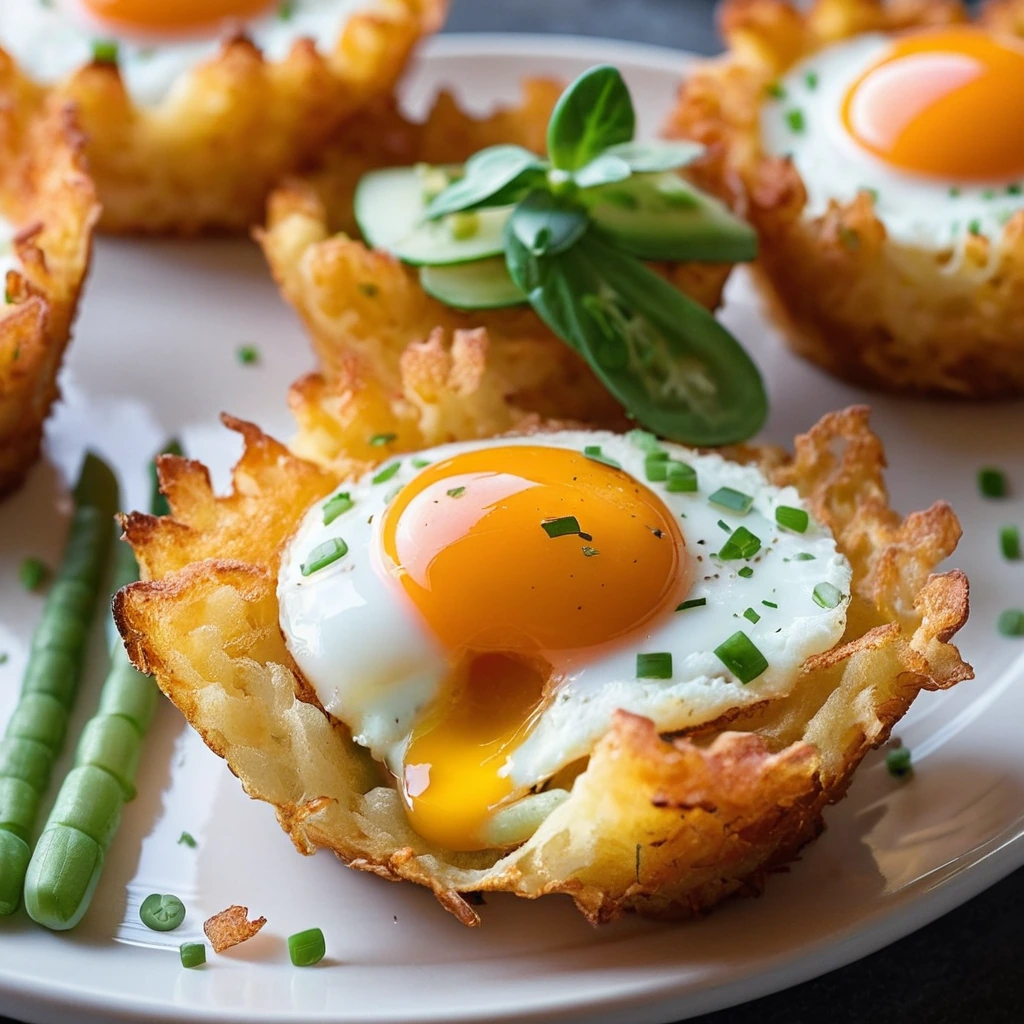 Golden hash brown nests with sunny-side-up eggs nestled in the center, dusted with fresh chives.