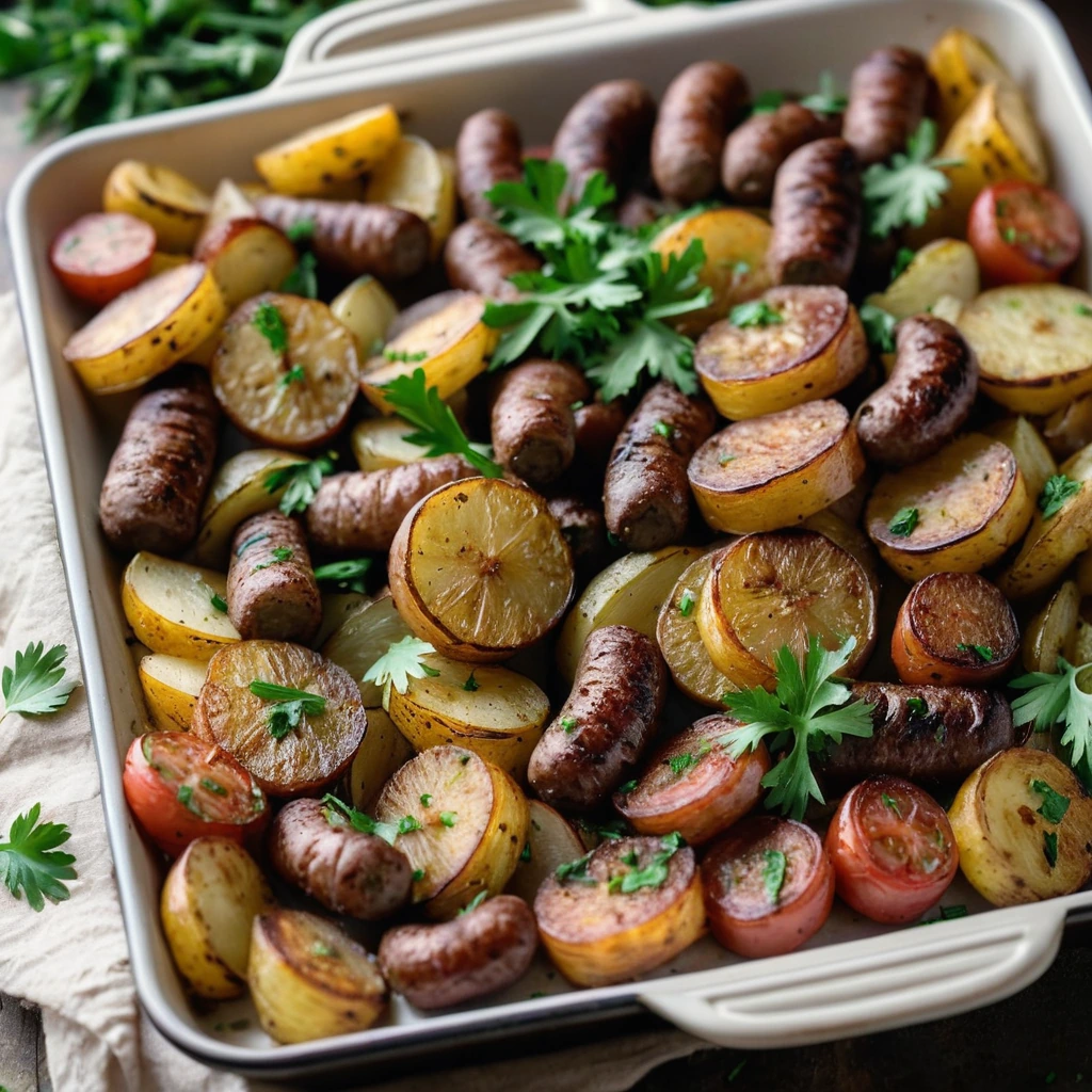 Sheet pan filled with golden roasted potatoes and crispy Italian sausage links, garnished with fresh parsley.