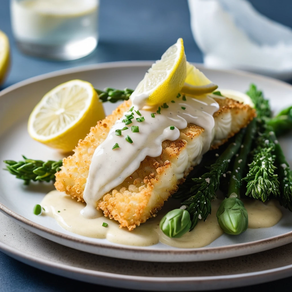 Crispy golden cod fillets on a platter with a drizzle of vibrant yellow lemon mayo