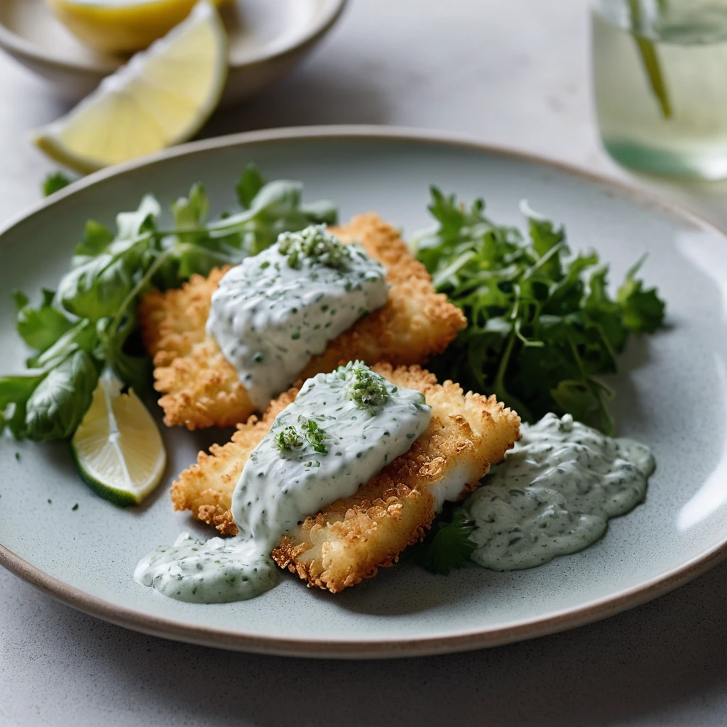 Two golden cod fillets on a plate with a drizzle of green herbed tartar sauce