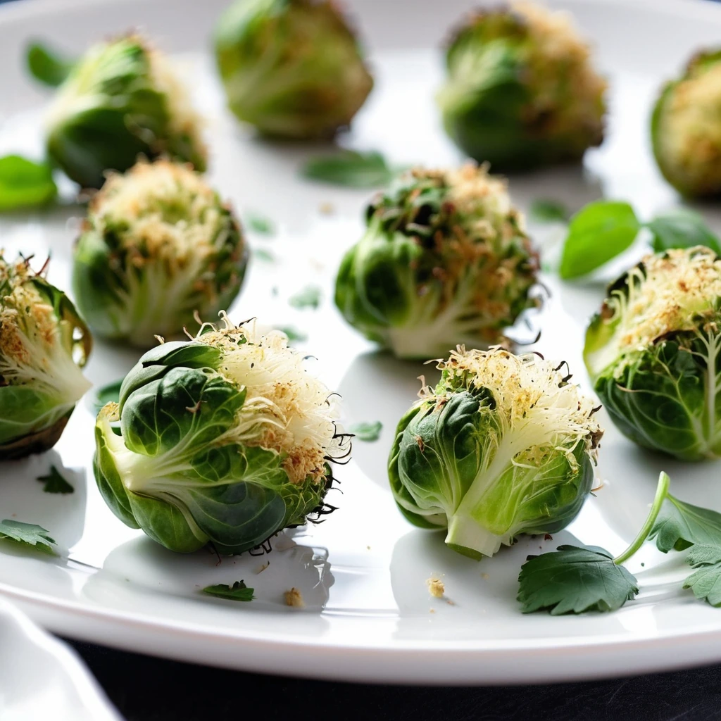 Browned brussels sprouts bites coated in parmesan cheese on a white plate with fresh parsley garnish.
