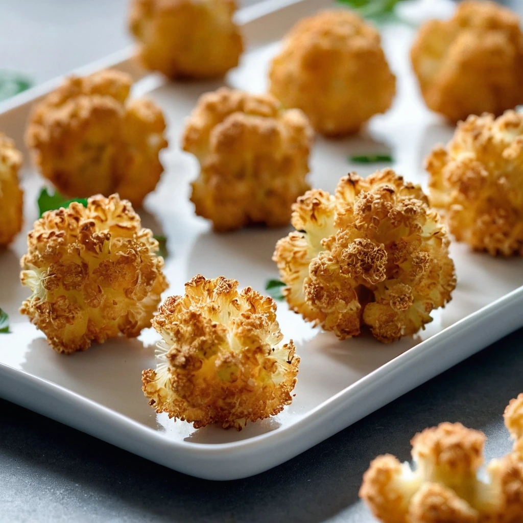 Golden cauliflower florets coated in a crispy parmesan crust, arranged on a white plate.