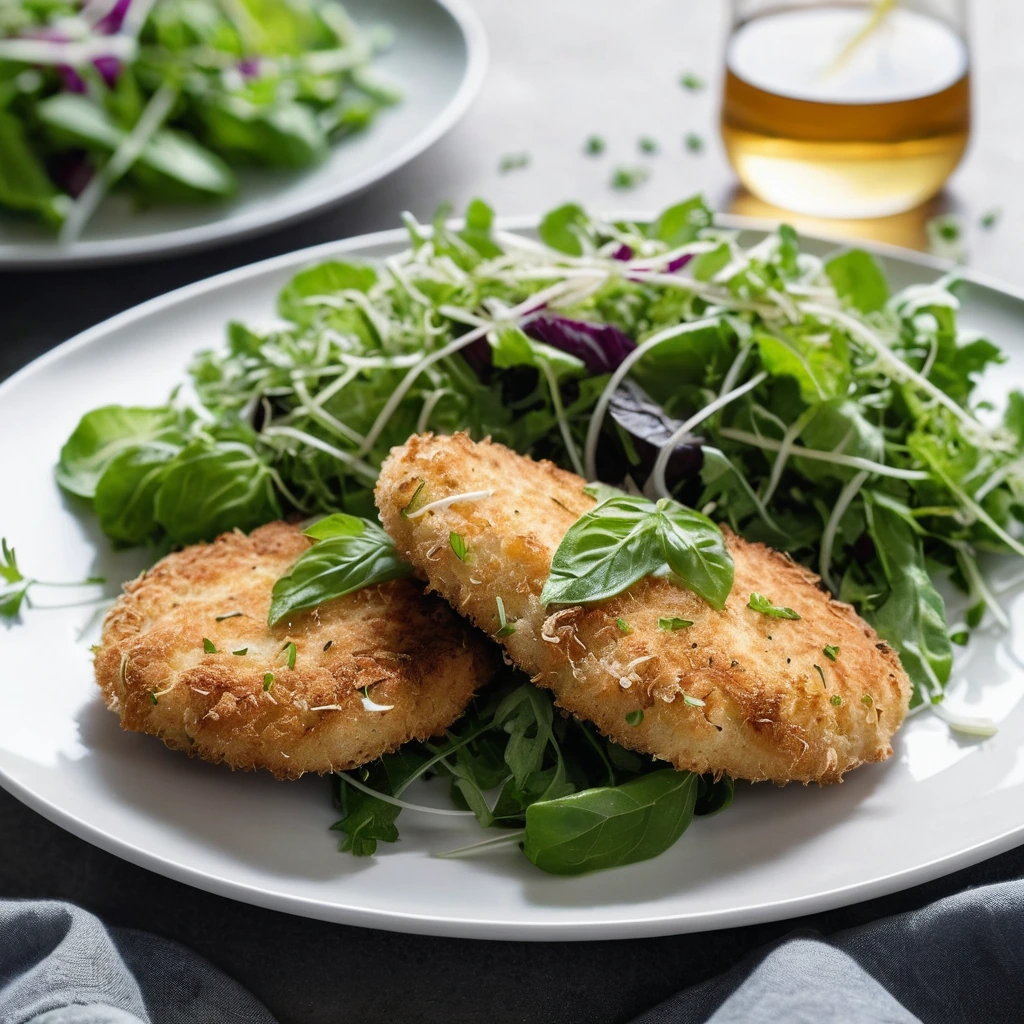 Two golden-brown chicken cutlets topped with a vibrant green herb salad on a white plate.