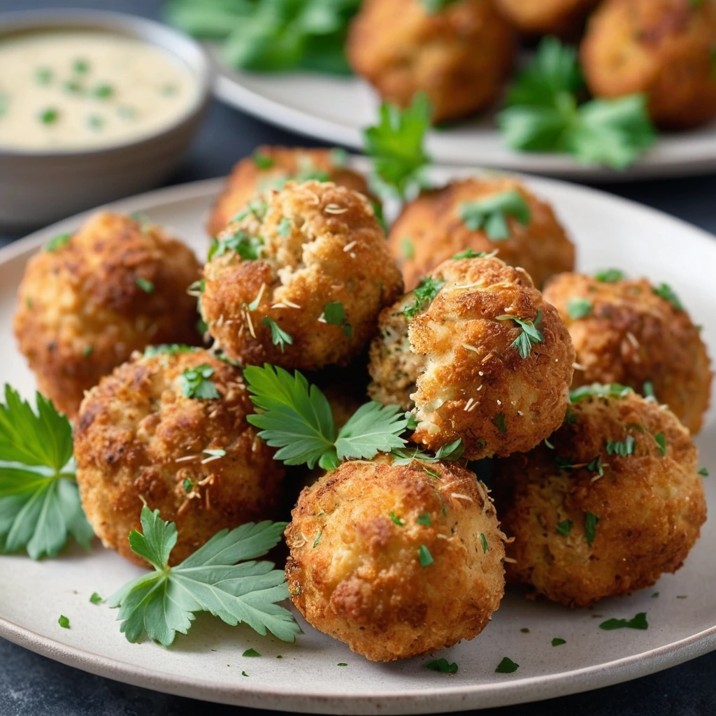 Plate of golden brown meatballs with a crispy coating and a sprinkle of green parsley.