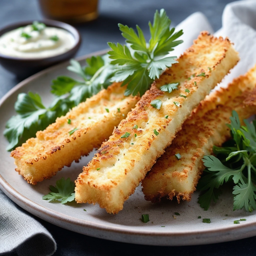Golden brown halloumi fries with a crispy parmesan crust arranged on a plate with fresh parsley garnish.