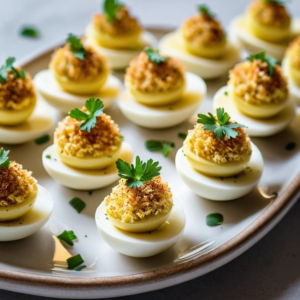A plate of deviled eggs with golden crispy Parmesan crust and vibrant yellow filling.