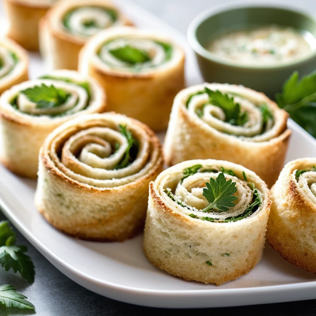 Golden brown pinwheels arranged on a white plate with fresh parsley sprigs.
