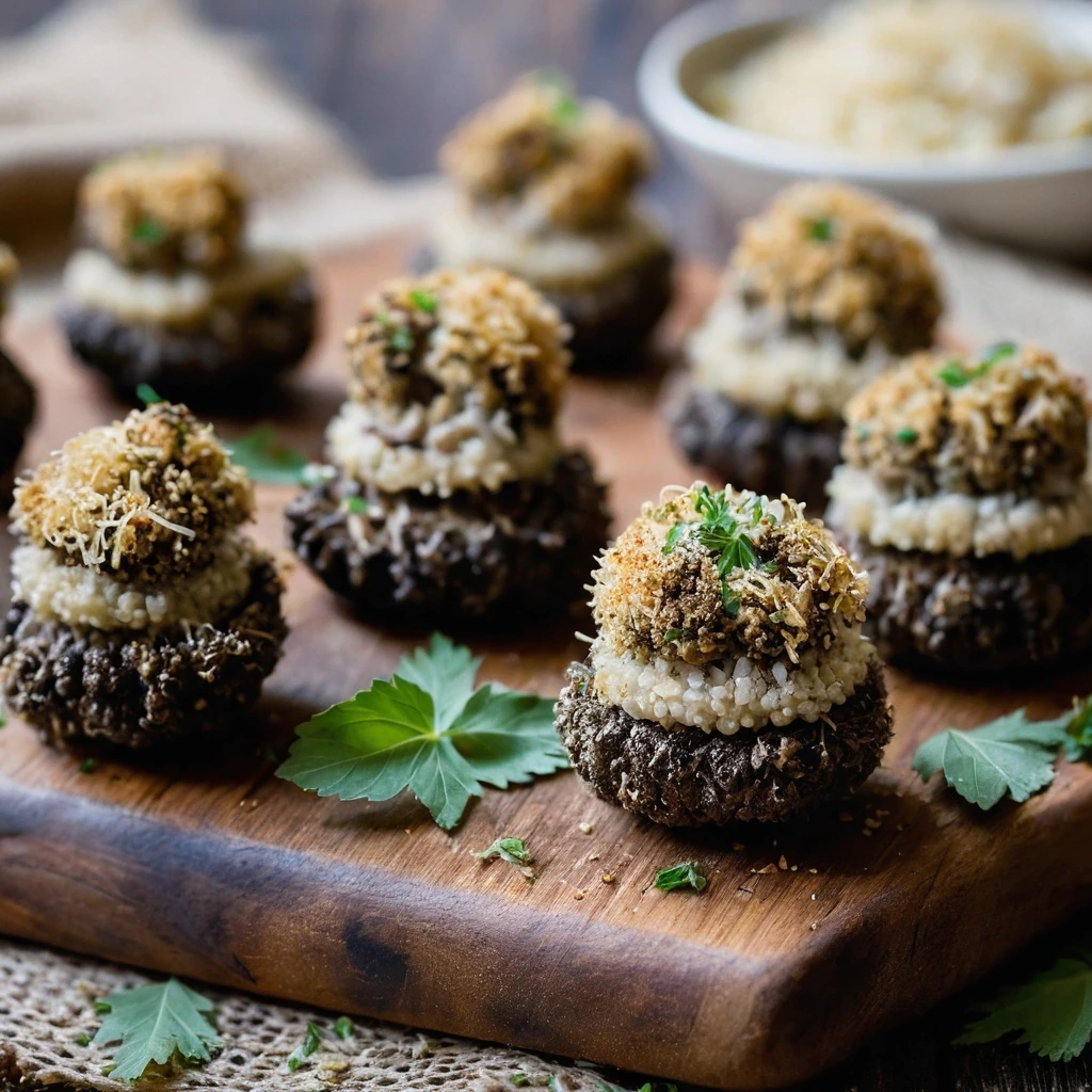 Melted parmesan filling in mushroom caps, golden brown crumbs on top, arranged on a rustic wooden board.