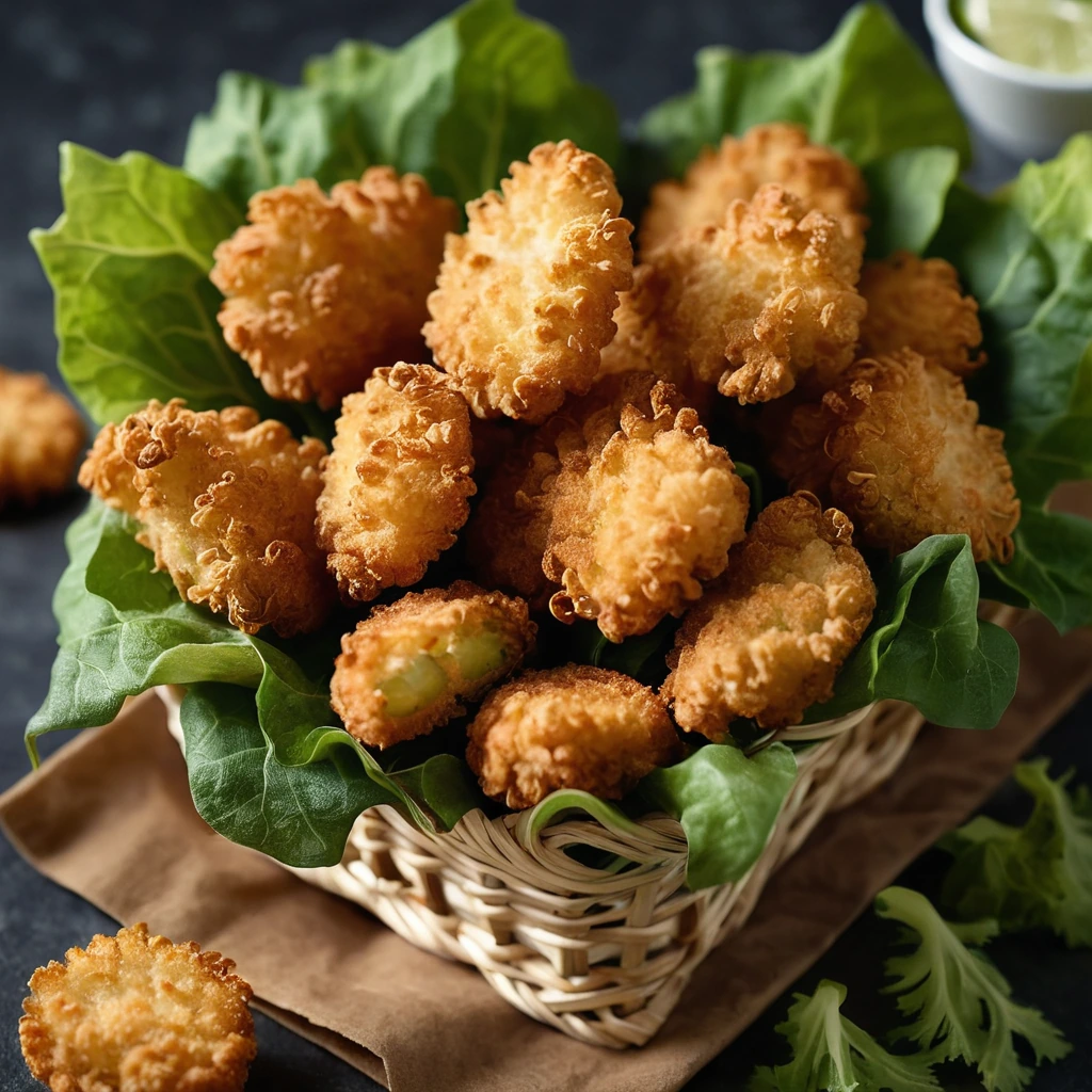 Golden brown chicken nuggets in a bed of vibrant green lettuce