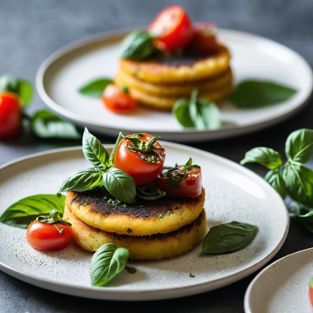 Golden crispy polenta cakes topped with a vibrant red and green tomato basil relish on a white plate.