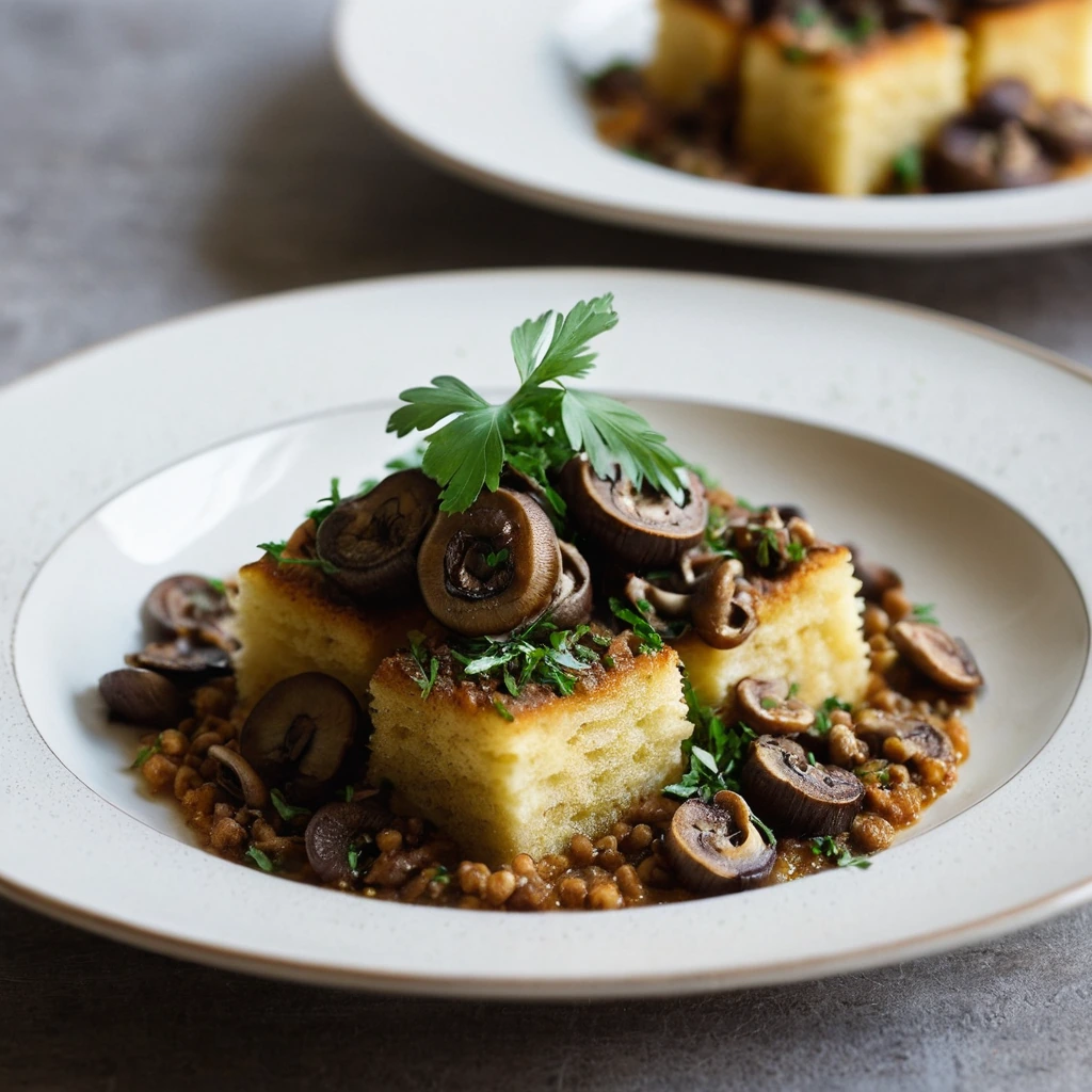 Crispy golden polenta squares smothered in a dark, savory mushroom sauce, garnished with fresh parsley.