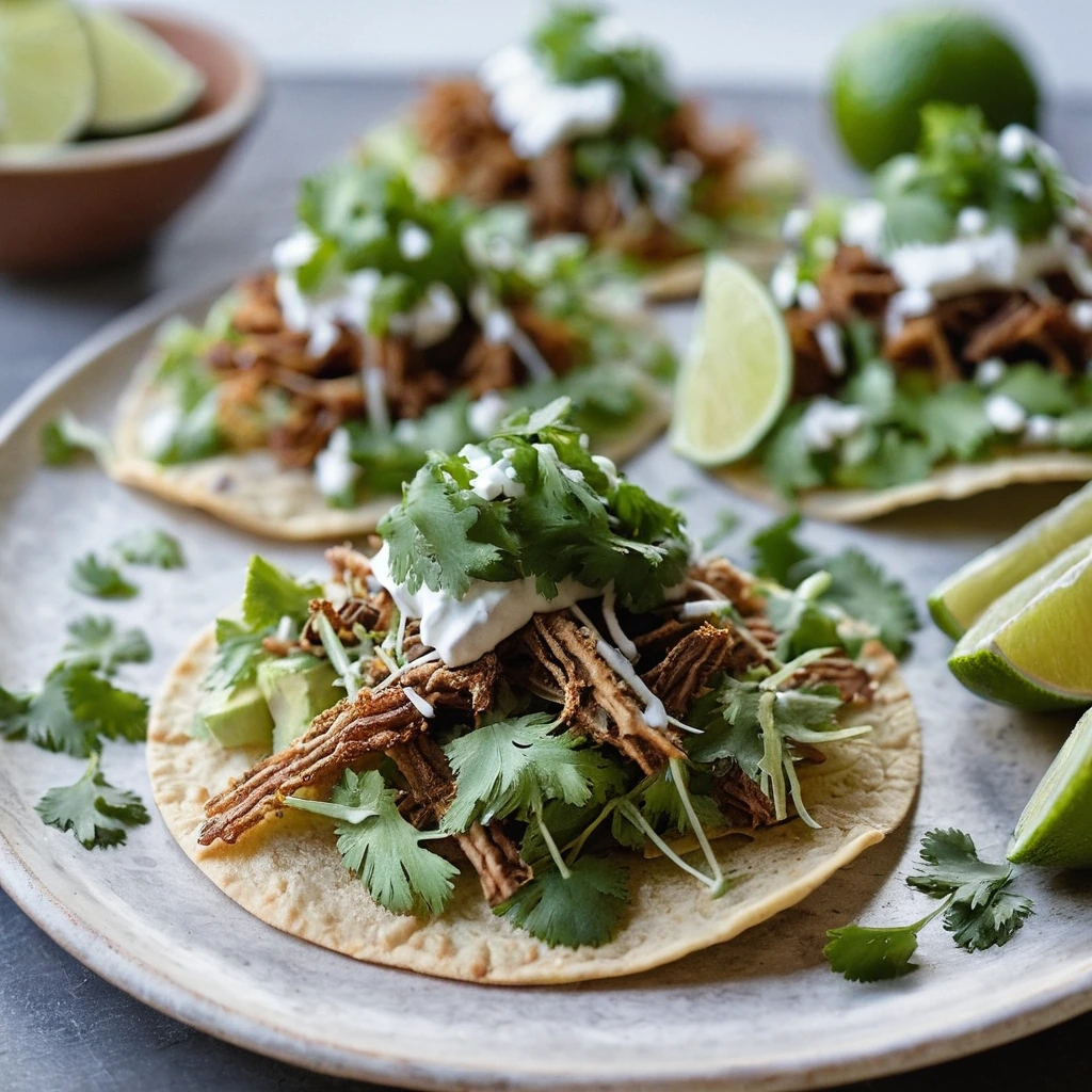 Crispy tostadas topped with golden-brown shredded pork, fresh cilantro, and a drizzle of green crema.
