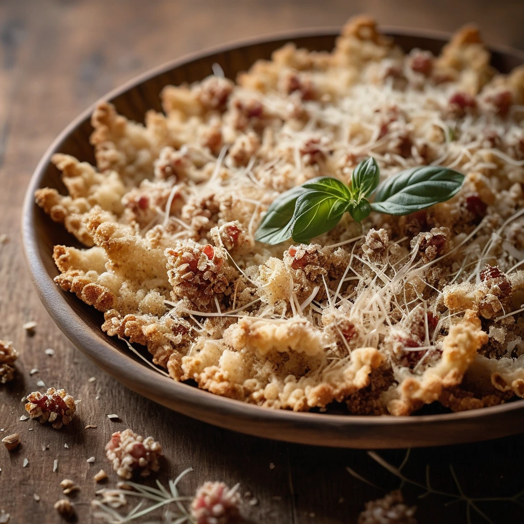 Crispy golden prosciutto and Parmesan crumbles scattered over a rustic wooden board.