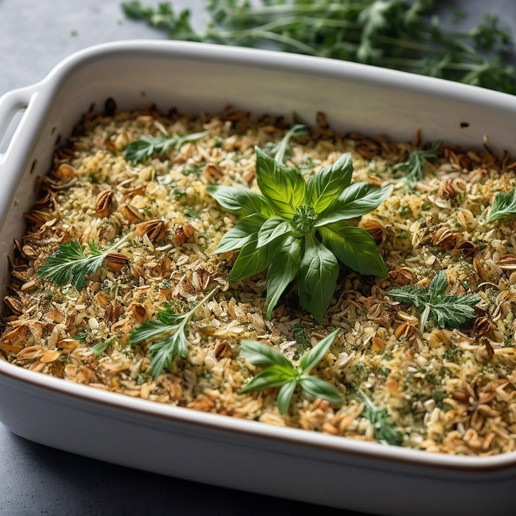 Crispy golden topping sprinkled with herbs over a bubbling casserole in a baking dish.