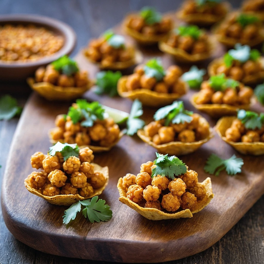 golden crispy chickpea bites arranged on a rustic wooden board