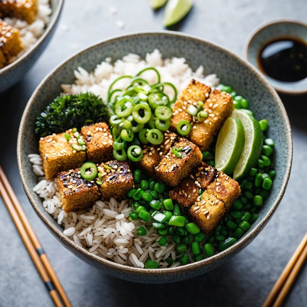 Colorful rice bowls topped with golden crispy tofu, green scallions, and a drizzle of dark sesame sauce.