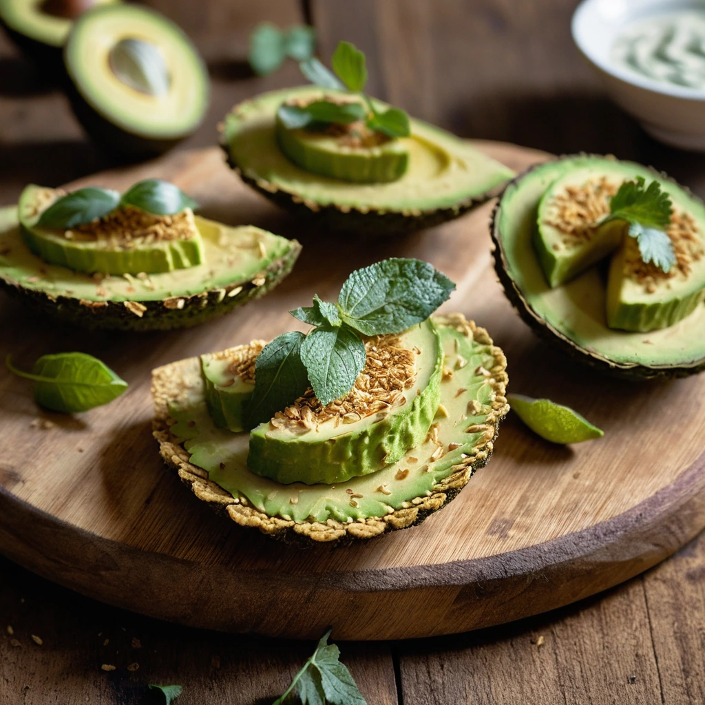 Platter of golden-brown avocado slices with a crispy tortilla crust, arranged on a rustic wooden board.