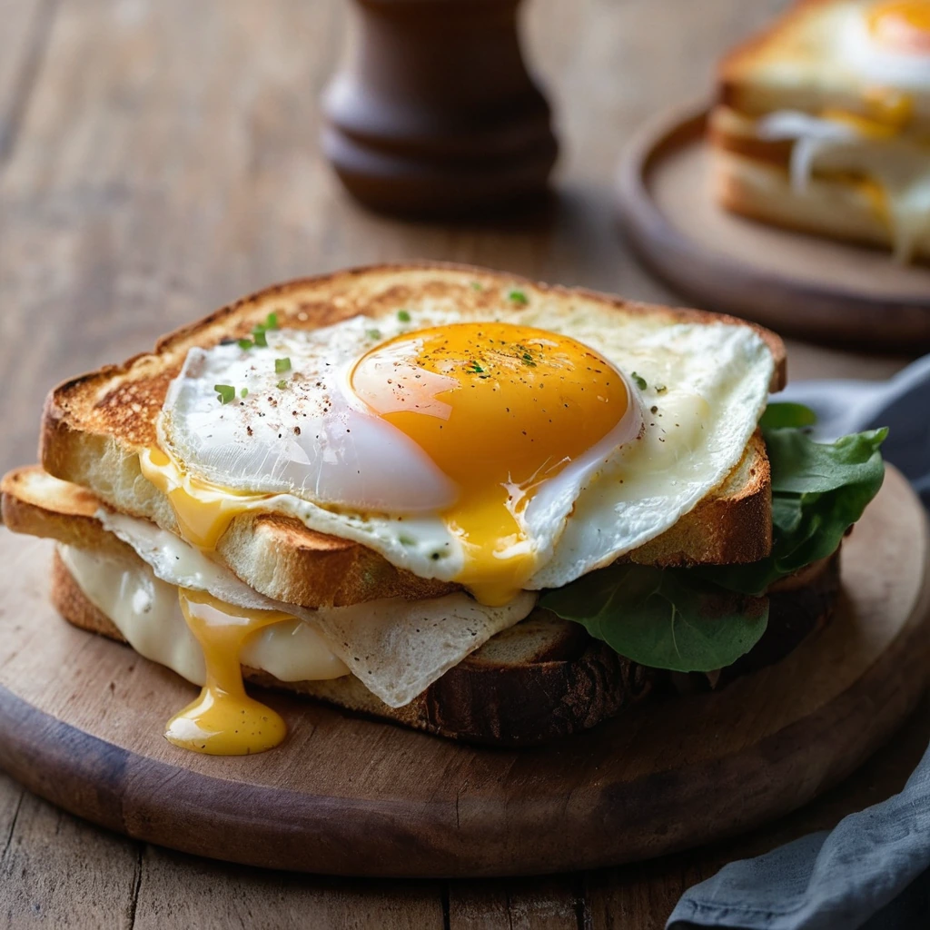 Golden toasted sandwich topped with a sunny-side-up egg, dusted with paprika, served on a rustic wooden board.