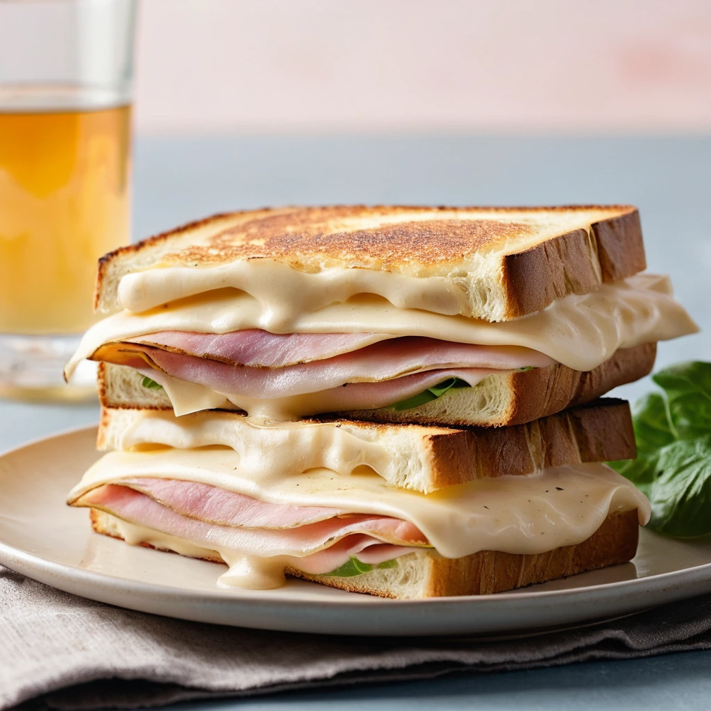 Four toasted sandwiches with melted cheese and ham, topped with golden brown béchamel.