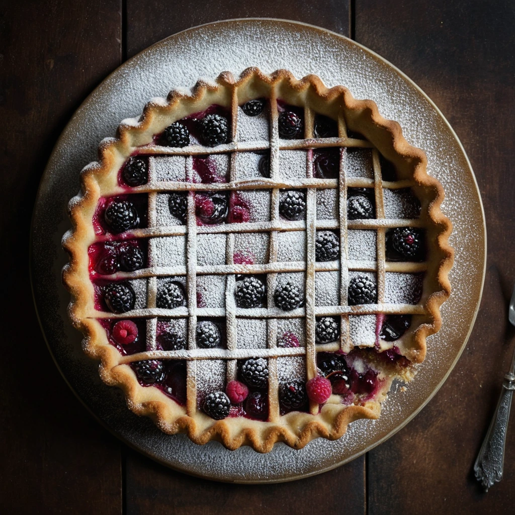 Golden brown tart with lattice edges, filled with red raspberry jam, dusted with powdered sugar.