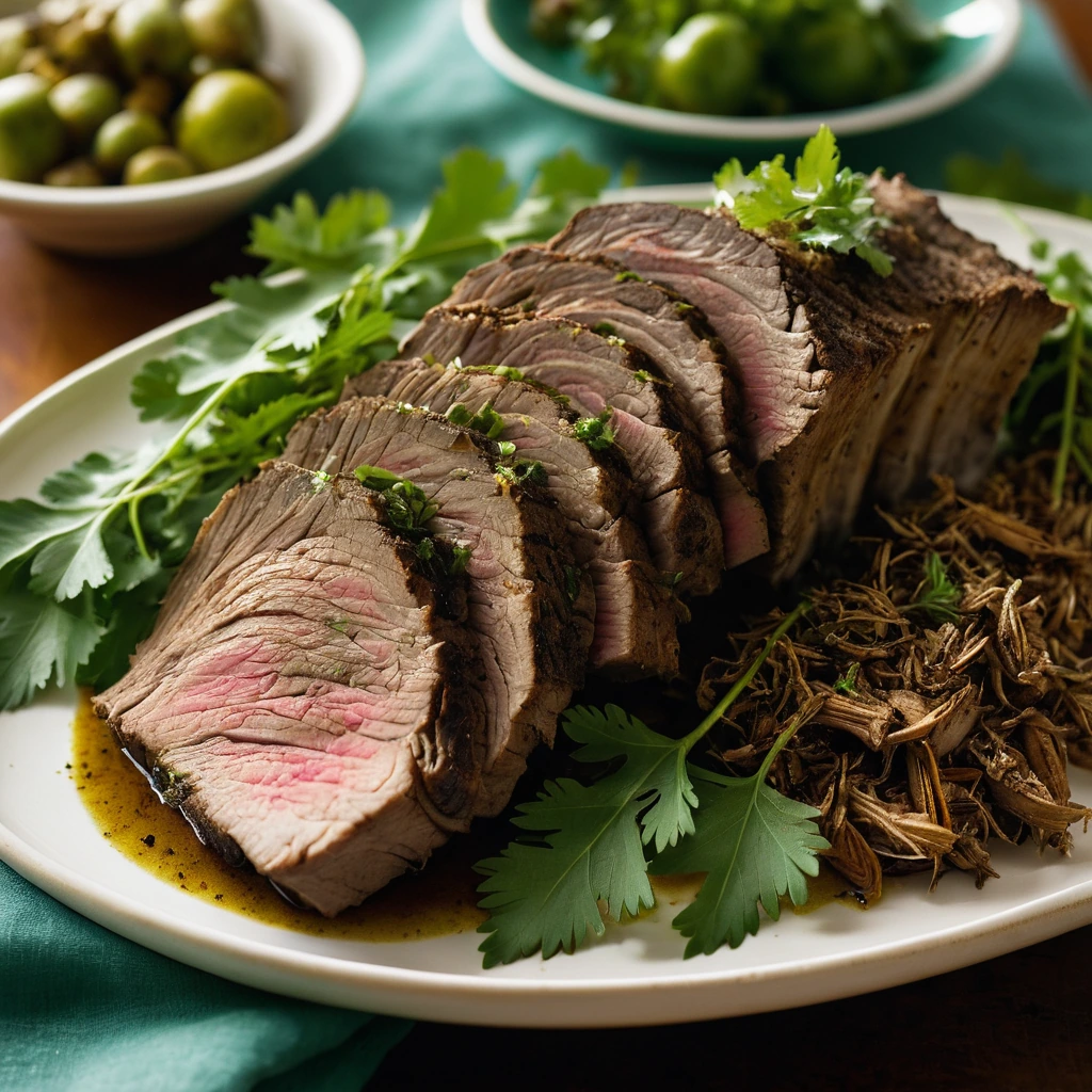 Golden brown pork roast on a platter with vibrant green cilantro garnish.