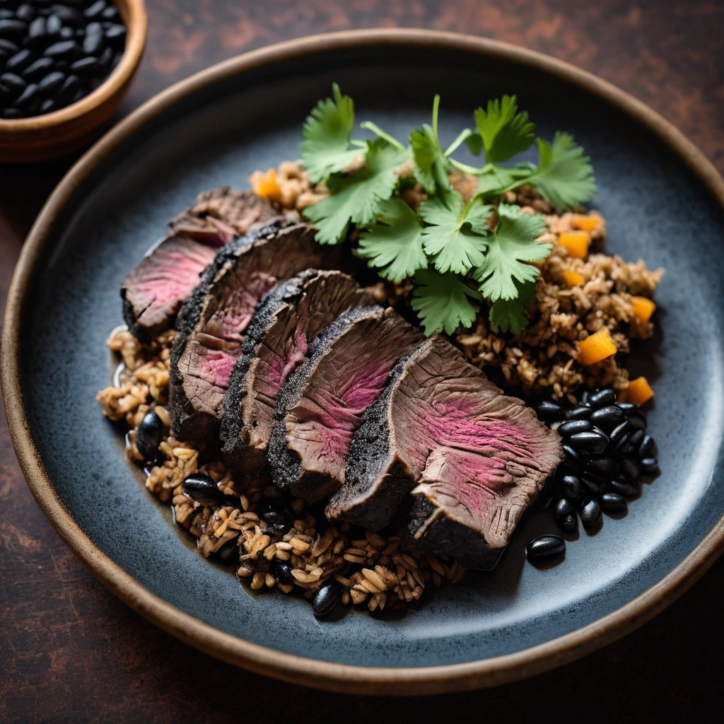Golden-brown pork shoulder slices over a bed of glossy black beans, garnished with fresh cilantro on a rustic plate.