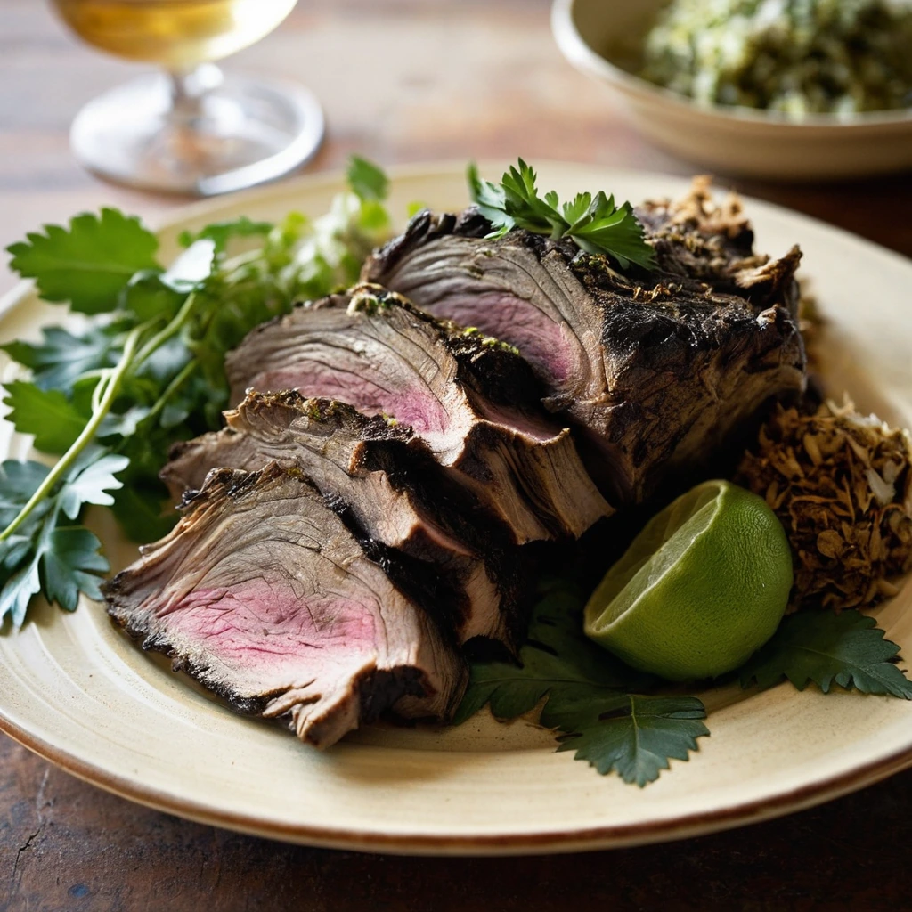 Crispy-skinned pork shoulder on a platter, glistening with golden mojo sauce, garnished with fresh cilantro.