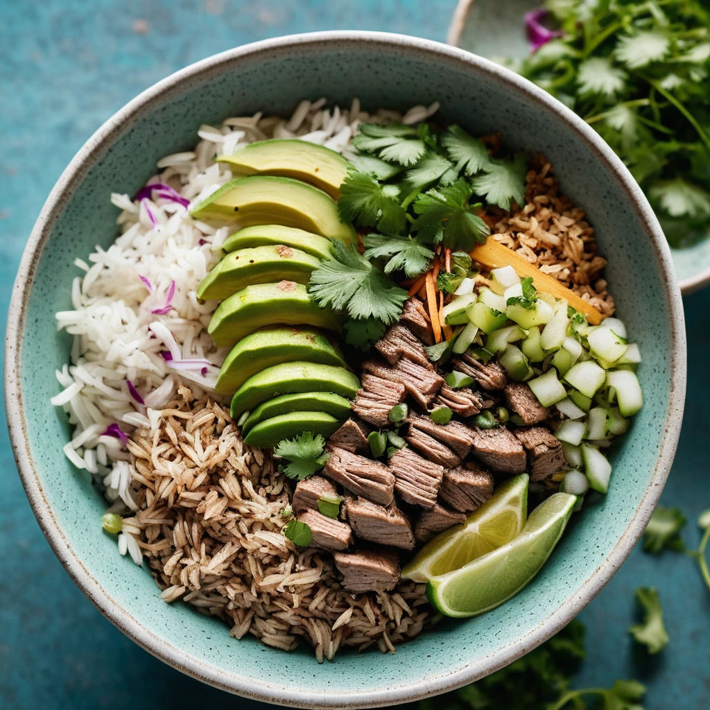Colorful rice bowls topped with juicy shredded pork and vibrant green cilantro