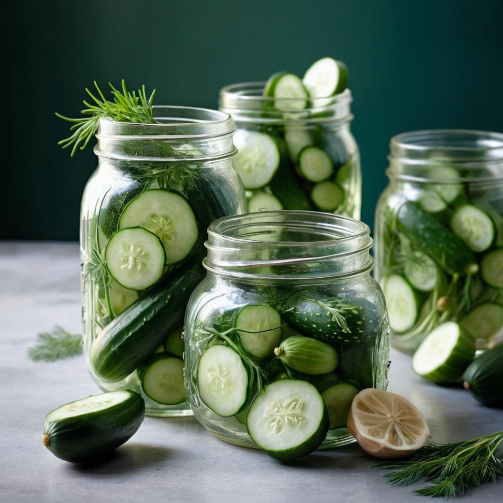 Fresh cucumbers in glass jars with dill sprigs and garlic cloves visible