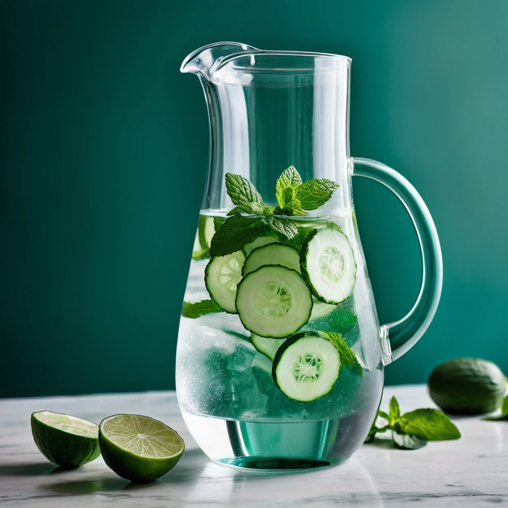 Clear pitcher filled with water, cucumber slices, and fresh mint leaves floating on top.