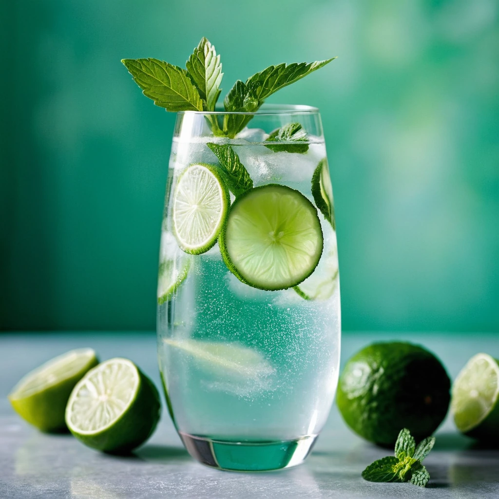 Clear glass filled with bubbly, light green sparkling water garnished with cucumber slices and mint sprigs, served with a lime wedge.