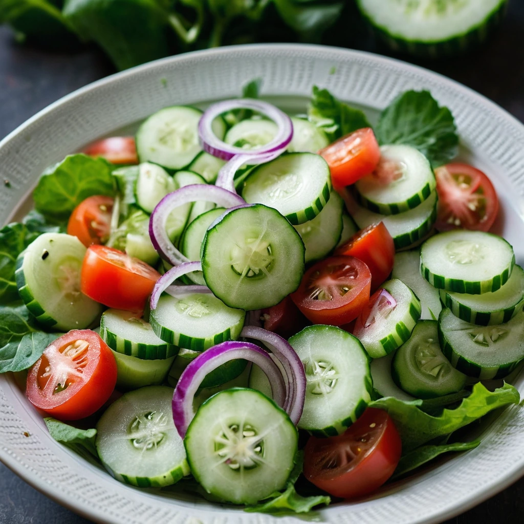Colorful salad in a bowl with slices of cucumber, tomato wedges, and thin red onion rings drizzled with vinaigrette.