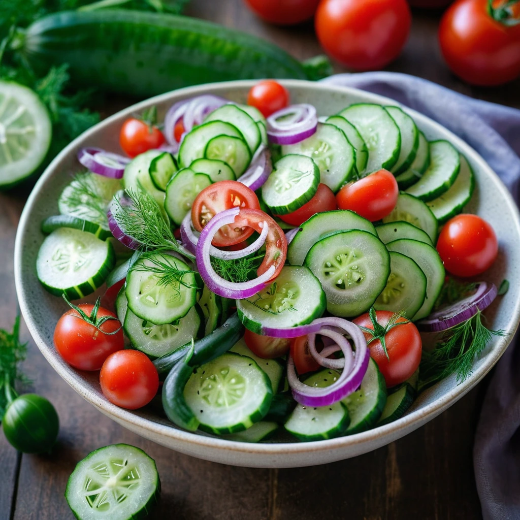Colorful salad with green cucumbers, red tomatoes, and purple red onions in a bowl, garnished with dill.