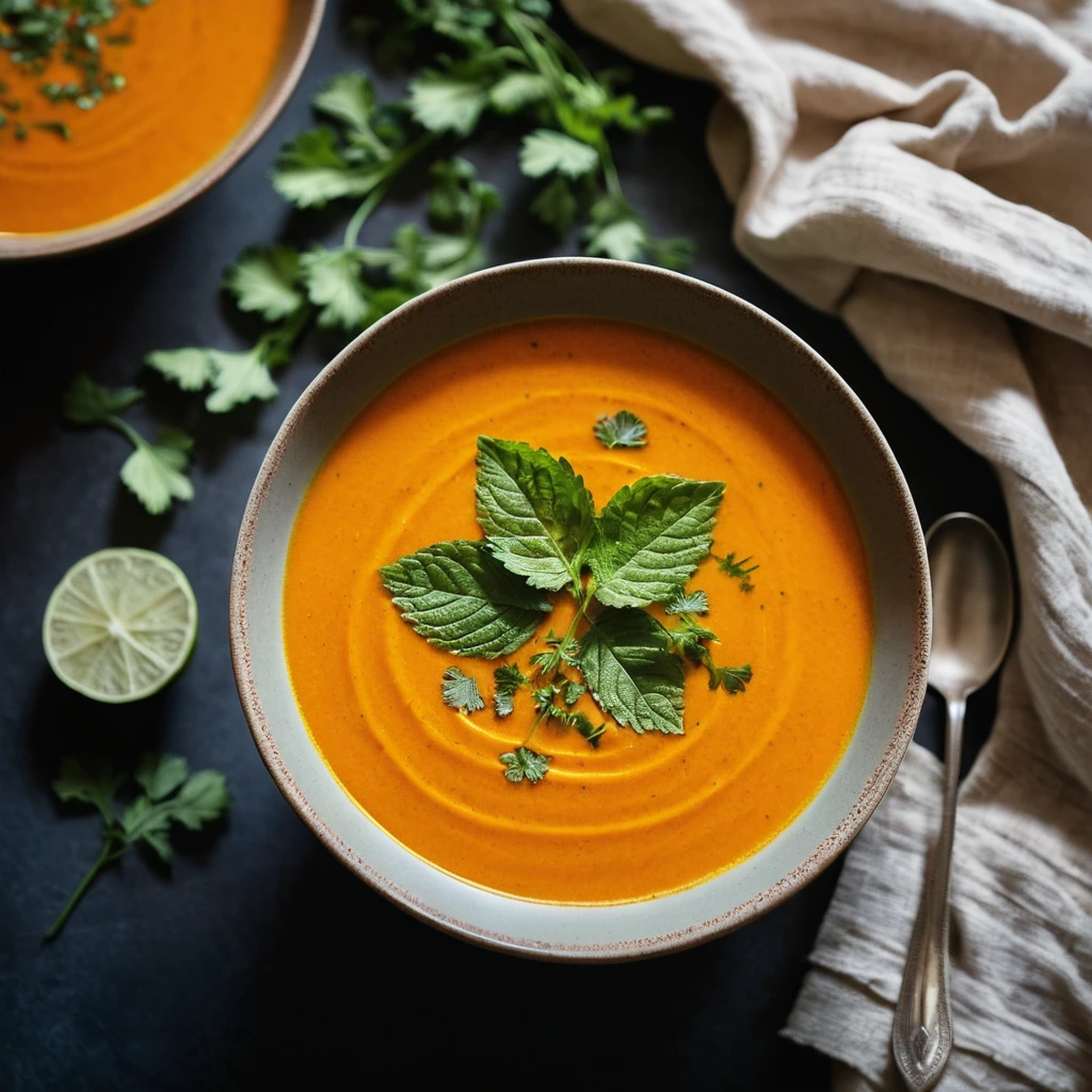 A steaming bowl of bright orange soup with a sprinkle of fresh cilantro on top.
