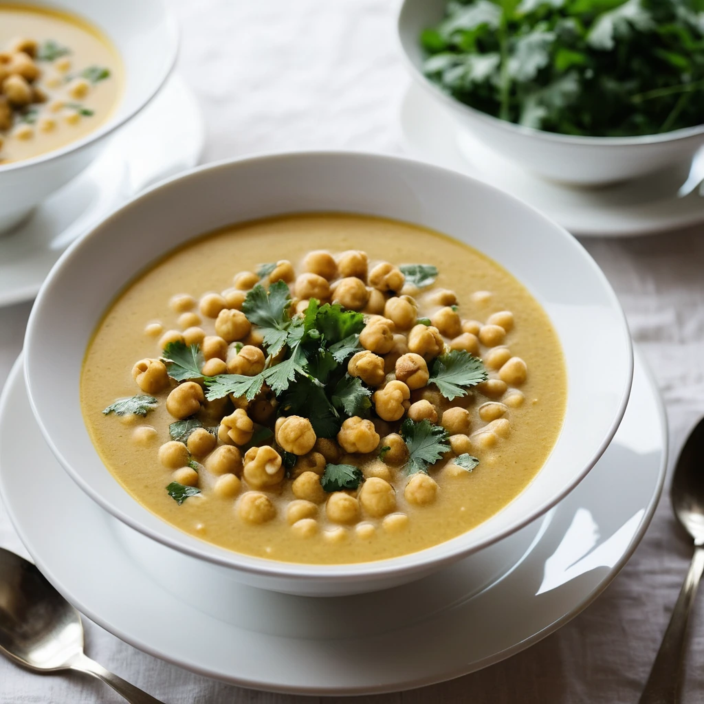 Golden soup with chunks of cauliflower and chickpeas served in a white bowl