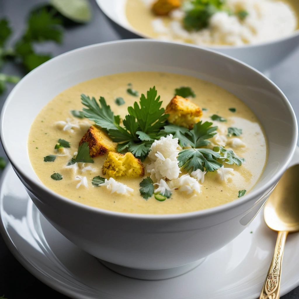 golden soup with cauliflower florets in a bowl, garnished with fresh cilantro