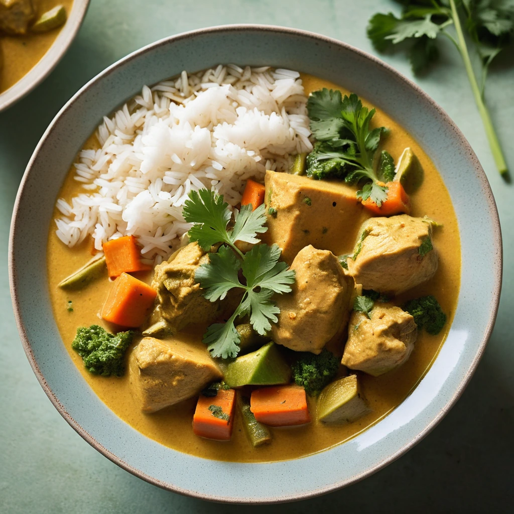 Steaming bowl of yellow curry stew with chicken, carrots, and potatoes, garnished with fresh cilantro.